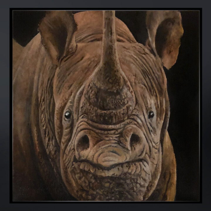 Painting titled "Black Rhino - portr…" by Franzart, Original Artwork, Oil