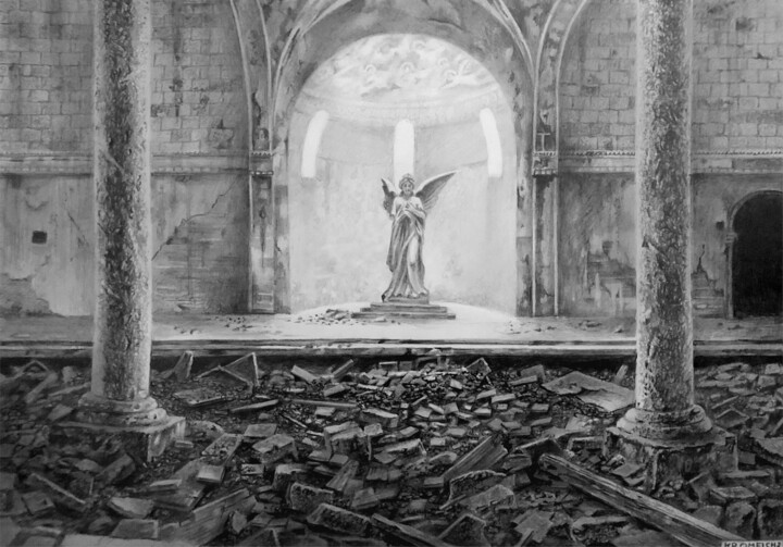 Drawing titled "Cathedral Ruin Ange…" by Franzart, Original Artwork, Graphite