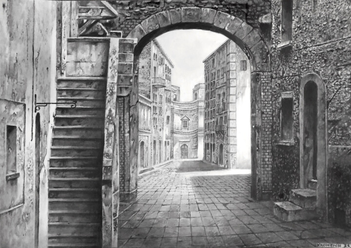 Drawing titled "Old street, Italian…" by Franzart, Original Artwork, Pencil