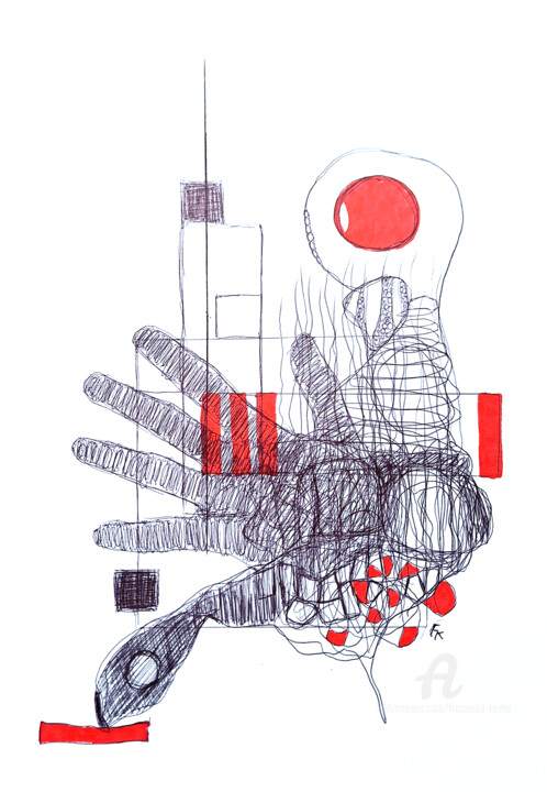 Zeichnungen mit dem Titel "Schwarz-Rot Nr. 7" von Franziska Kolbe, Original-Kunstwerk, Kugelschreiber