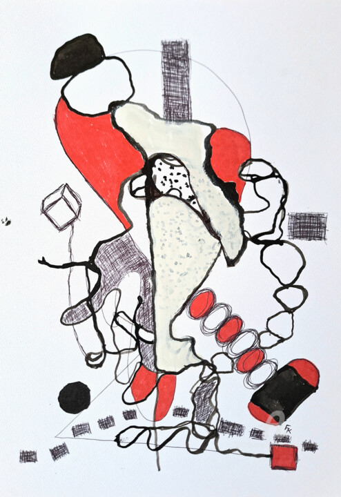 Zeichnungen mit dem Titel "Schwarz-Rot Nr.9" von Franziska Kolbe, Original-Kunstwerk, Kugelschreiber