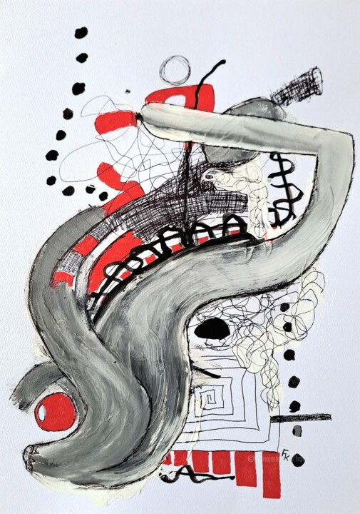 Dessin intitulée "Schwarz-Rot Nr. 10" par Franziska Kolbe, Œuvre d'art originale, Stylo à bille