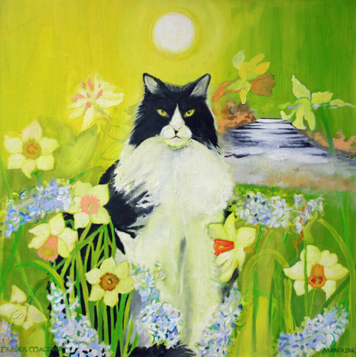 Malarstwo zatytułowany „Clairvoyant Cat” autorstwa Fraser Maciver (1960 - 2019), Oryginalna praca, Olej