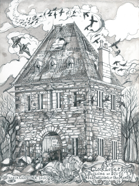 Drawing titled "Clock Lodge" by Fraser Maciver (1960 - 2019), Original Artwork, Ink