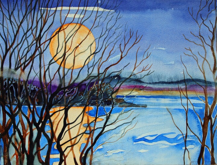 Pittura intitolato "The March Moon from…" da Fraser Maciver (1960 - 2019), Opera d'arte originale, Acquarello