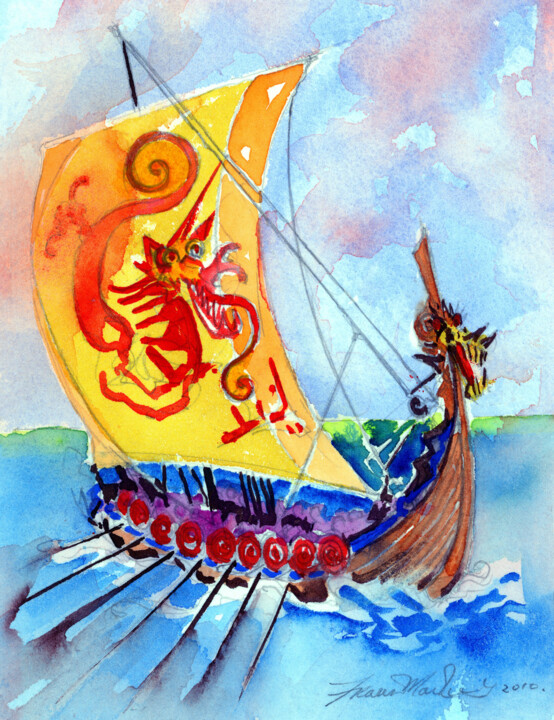 Schilderij getiteld "Viking Longship - b…" door Fraser Maciver (1960 - 2019), Origineel Kunstwerk, Aquarel