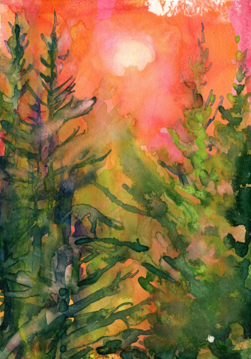 Painting titled "Firtree with pink b…" by Fraser Maciver (1960 - 2019), Original Artwork, Watercolor