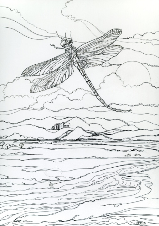 「The Wagon Dragonfly」というタイトルの描画 Fraser Maciver (1960 - 2019)によって, オリジナルのアートワーク, インク