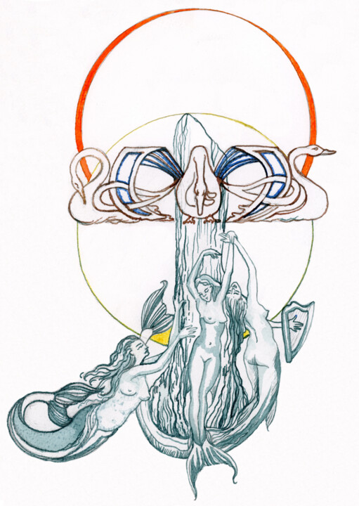 Painting titled "Mermaids, Harp and…" by Fraser Maciver (1960 - 2019), Original Artwork, Ink