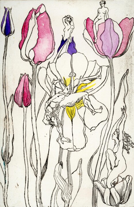 Impressões e gravuras intitulada "Iris, Tulips and Fa…" por Fraser Maciver (1960 - 2019), Obras de arte originais, Água forte