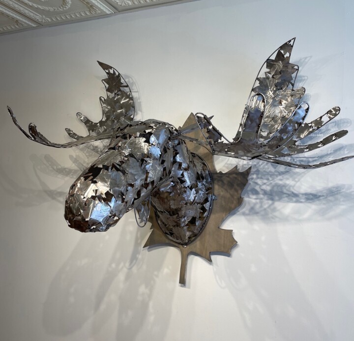 Sculpture titled "Maple Leaf Moose" by Fraser Paterson, Original Artwork, Metals Mounted on Other rigid panel