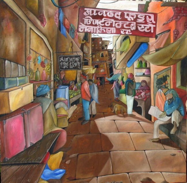 Painting titled "Rue indienne" by Fred Besnardiere, Original Artwork, Oil