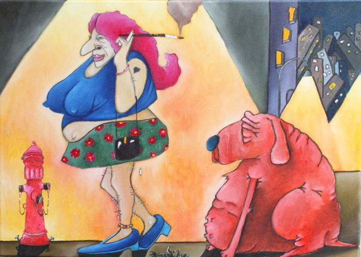 Pintura intitulada "Le chien et sa dame" por Fred Besnardiere, Obras de arte originais, Óleo