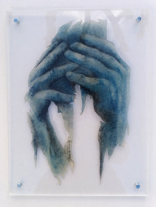 Painting titled "Mains bleues" by Fred Bonna, Original Artwork, Oil Mounted on Plexiglass