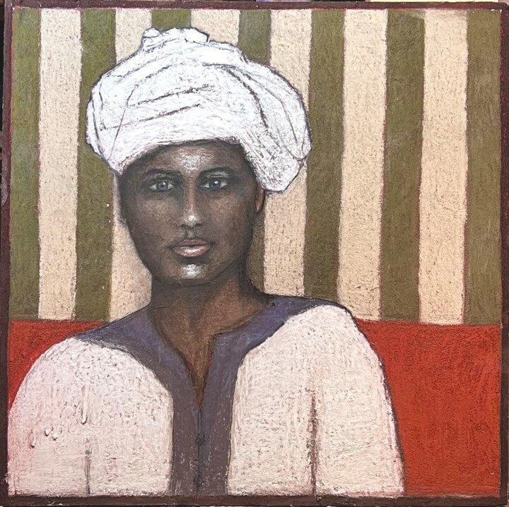 Painting titled "L’homme au turban" by Fred Du Mesnil, Original Artwork, Pastel Mounted on Wood Panel