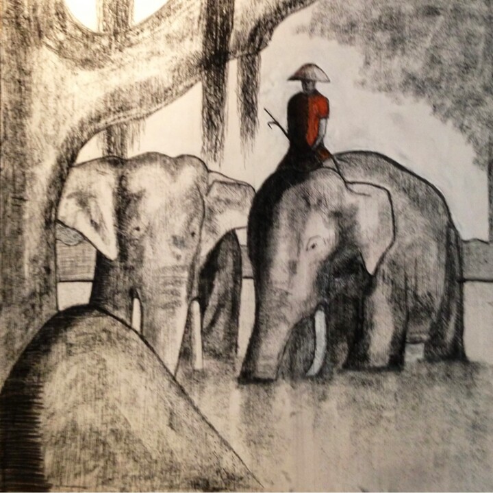 Painting titled "Éléphants Thaï" by Fred Du Mesnil, Original Artwork, Charcoal Mounted on Wood Panel