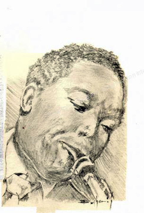 Drawing titled "Charlie Parker" by Fred Eucharis, Original Artwork, Charcoal