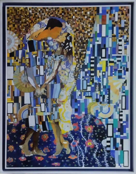 Painting titled ""Le baiser" d'après…" by Fred Eucharis, Original Artwork, Collages Mounted on Wood Stretcher frame