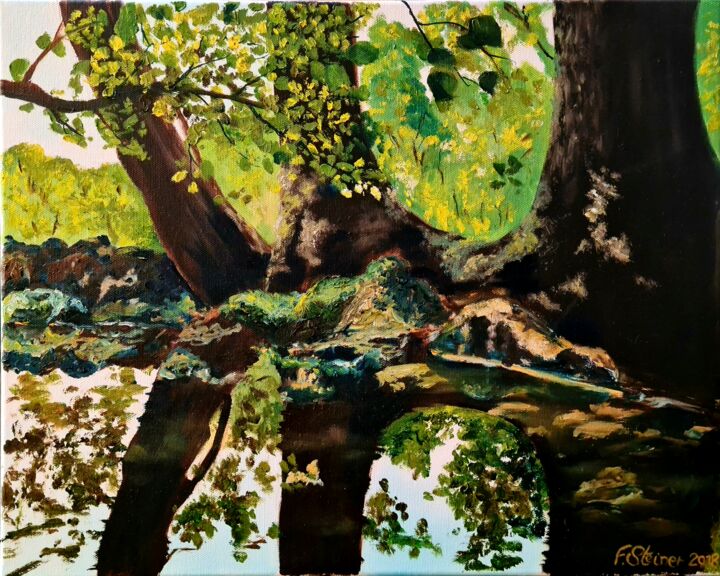 Schilderij getiteld "Les trois arbres" door Fred Steiner, Origineel Kunstwerk, Olie Gemonteerd op Frame voor houten brancard