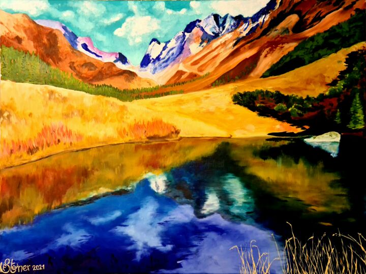 제목이 "Reflet alpin"인 미술작품 Fred Steiner로, 원작, 기름 나무 들것 프레임에 장착됨