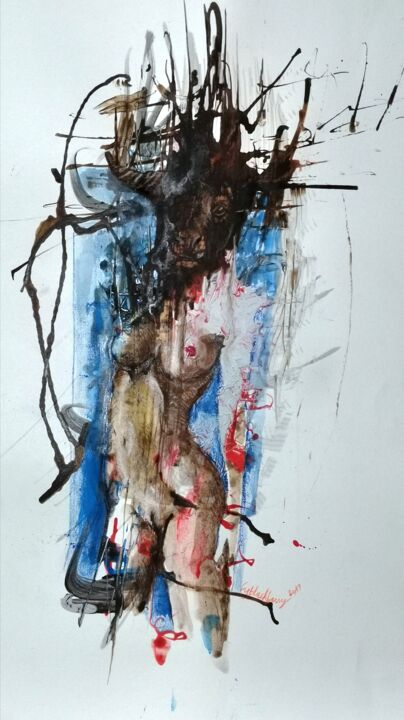 Painting titled "Le fil d 'Ariane" by Freddy Blackberry, Original Artwork, Charcoal Mounted on artwork_cat.