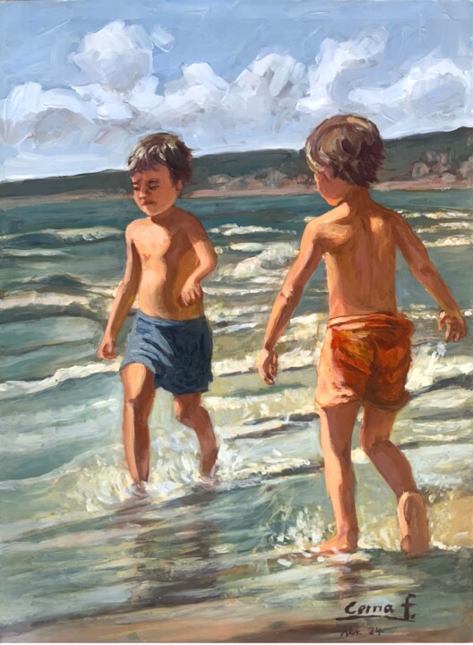 Painting titled "children playing on…" by Freddy Cerna, Original Artwork, Oil