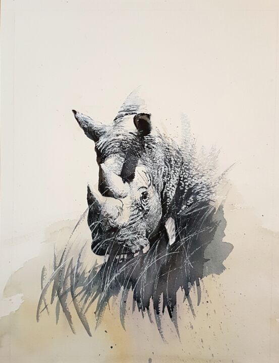 Peinture intitulée "Second Rhino" par Frédéric Berrin, Œuvre d'art originale, Encre