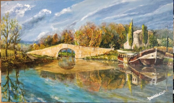 Painting titled "Sur le canal du midi" by Frédéric Boirie, Original Artwork, Acrylic Mounted on Wood Stretcher frame