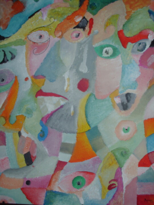 Pittura intitolato ""Visages aux cubes"" da Fréderic Byloos, Opera d'arte originale, Acrilico