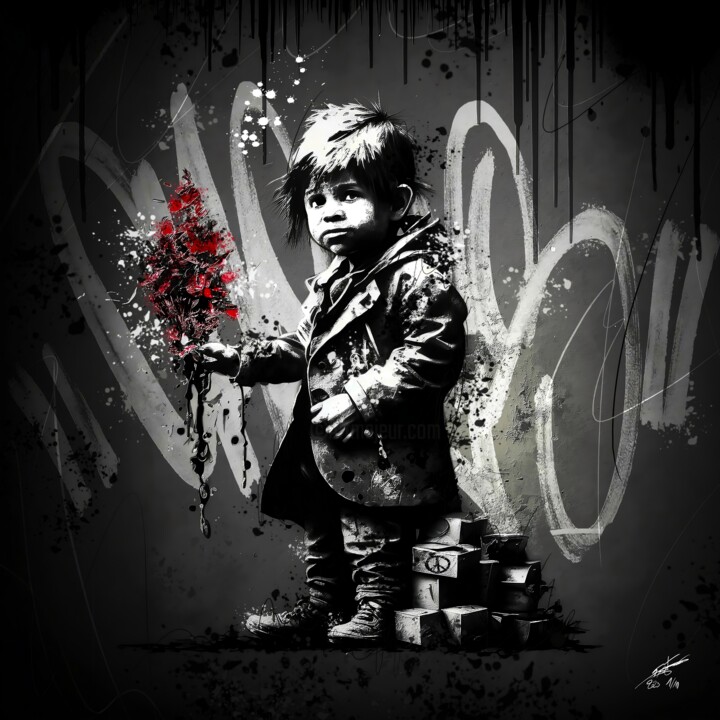 Digitale Kunst mit dem Titel "Le petit Banksy" von Frédéric Font (Chroma), Original-Kunstwerk, Digitale Malerei Auf Keilrahm…