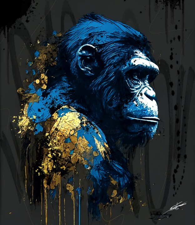 Digital Arts titled "Chimpanzee V1" by Frédéric Font (Chroma), Original Artwork, Digital Painting Mounted on Wood Stretcher…