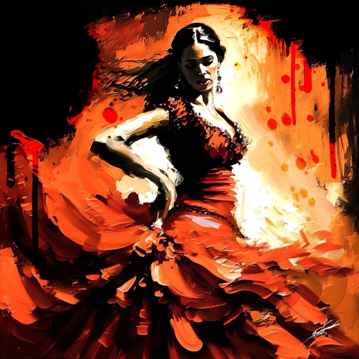 Digital Arts titled "Flamenco V1" by Frédéric Font (Chroma), Original Artwork, Digital Painting Mounted on Wood Stretcher fr…