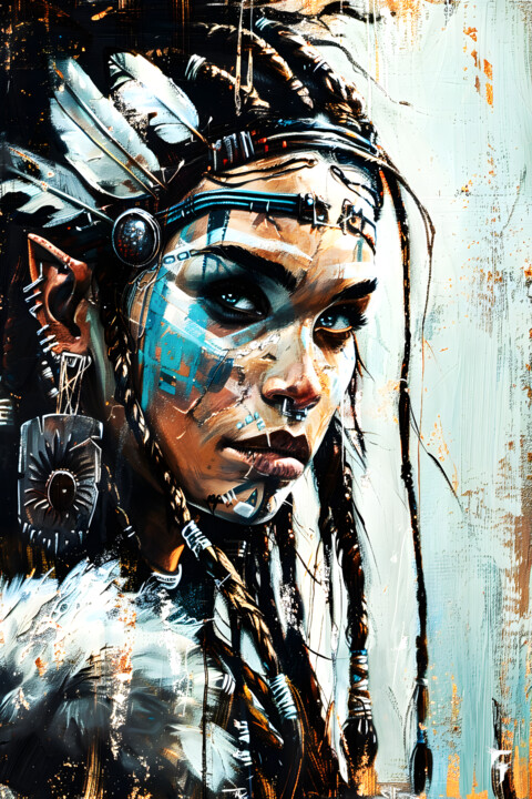 Digital Arts titled "L'Élégance Sioux :…" by Frédéric Font (Chroma), Original Artwork, Digital Painting Mounted on Wood Stre…