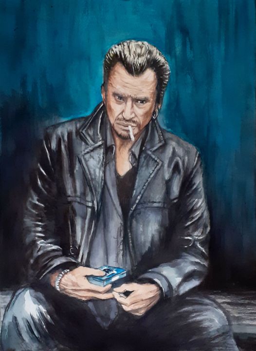 Painting titled "Johnny Hallyday" by Frédéric Fournier, Original Artwork, Watercolor