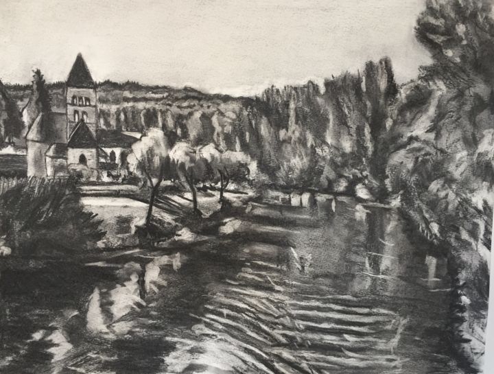 Drawing titled "Paysage de Dordogne" by Frédéric Malet, Original Artwork, Charcoal