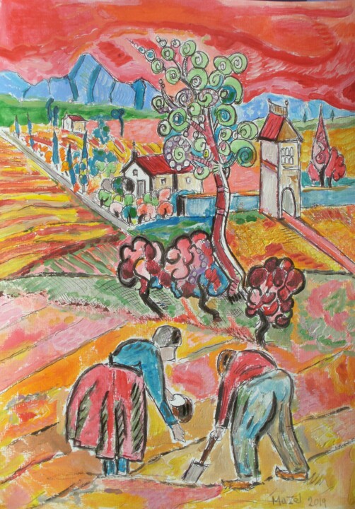 Painting titled "Paysage fin de jour…" by Frédéric Mazel, Original Artwork, Acrylic