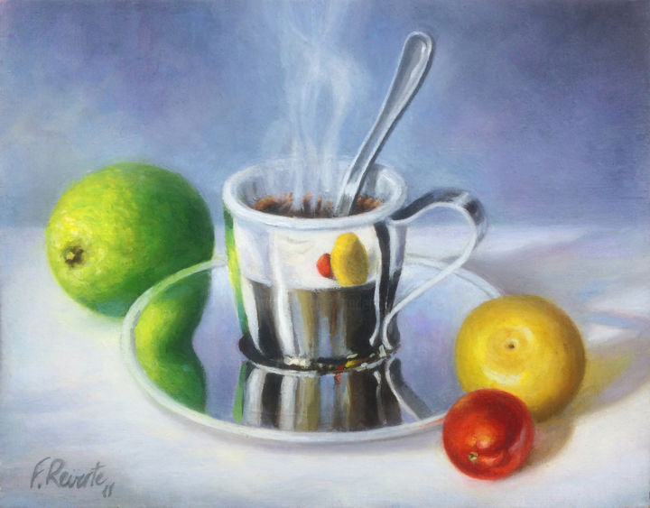 Painting titled "Café aux Fruits" by Frederic Reverte, Original Artwork, Oil