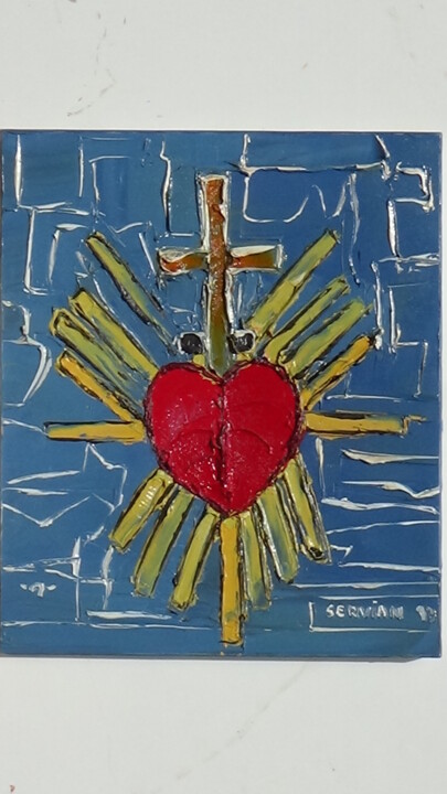 Painting titled "coeur de jesus" by Frederic Servian, Original Artwork, Oil