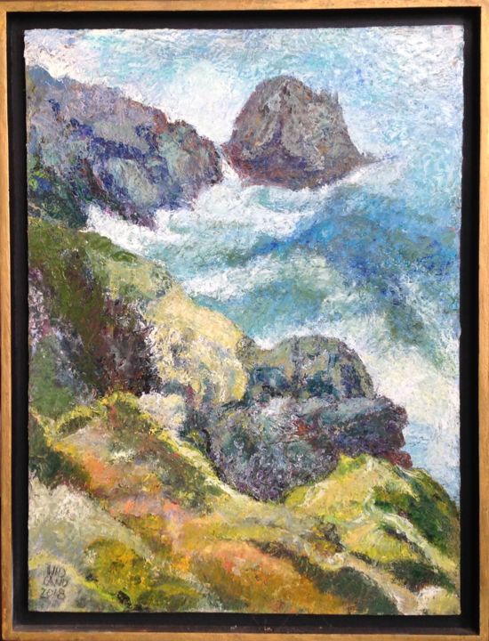 Peinture intitulée "Marine falaise Cors…" par Frederic Wioland, Œuvre d'art originale, Huile Monté sur Panneau de bois