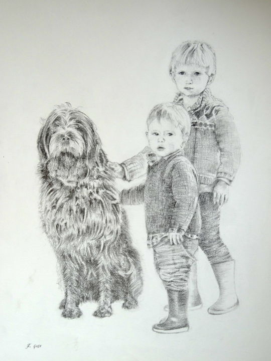 Peinture intitulée "Enfants et chien" par Frederic Goze, Œuvre d'art originale