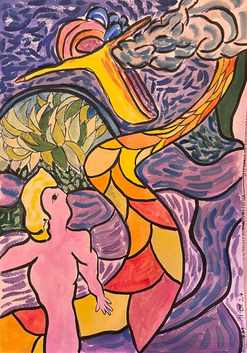 Peinture intitulée "Le chemin" par Frédérick Meunier, Œuvre d'art originale, Aquarelle