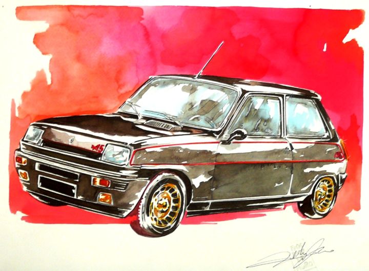 Zeichnungen mit dem Titel "RENAULT 5 Alpine 19…" von Federico De Muro, Original-Kunstwerk, Aquarell