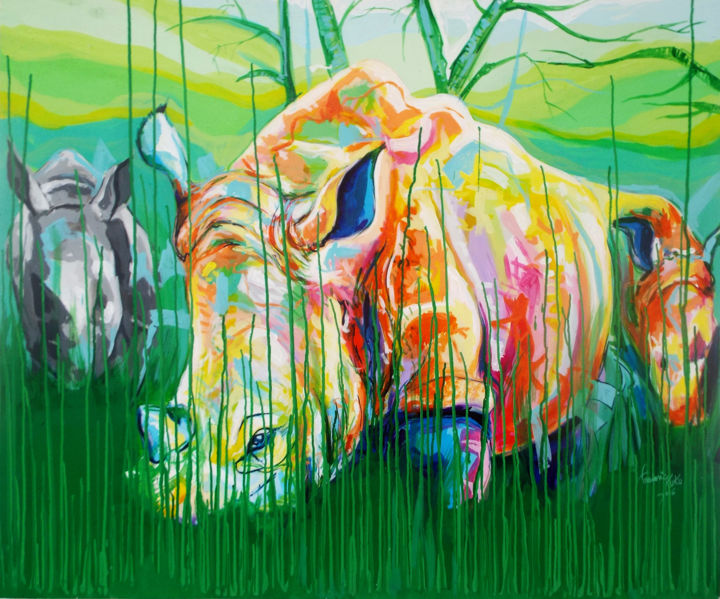 Painting titled "rhinos" by Frederic Kuku, Original Art, Acrylic