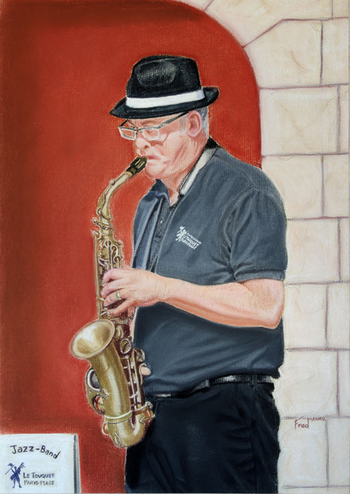 Peinture intitulée "Jazz band du Touque…" par Fred Mahieu, Œuvre d'art originale, Pastel