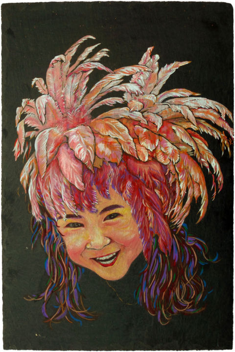 Painting titled "Fille Flamant Rose" by Ya-Hui Delpech, Original Artwork, Acrylic