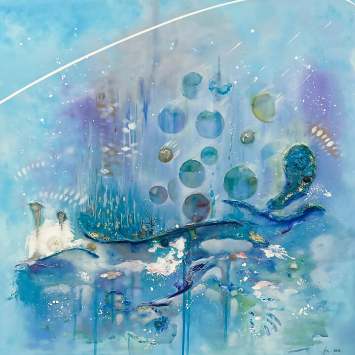 Painting titled "Les planètes bleues" by Frédérique Chabin-Riviere, Original Artwork, Acrylic