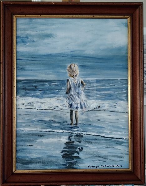 Painting titled "Petite-fille-à-la-m…" by Frederique Colombelle, Original Artwork, Acrylic