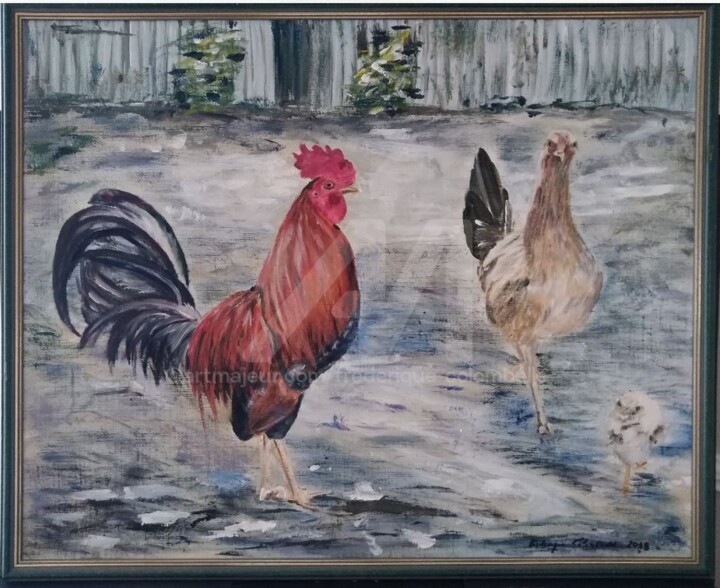 Painting titled "Coq--poule et-pouss…" by Frederique Colombelle, Original Artwork, Acrylic