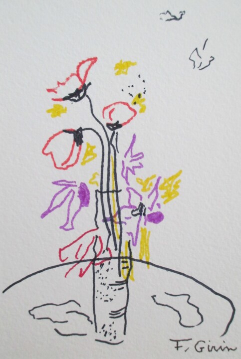 Dessin intitulée "Fleurs aux papillons" par Frédérique Girin, Œuvre d'art originale, Stylo gel Monté sur Plexiglas