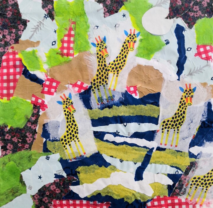 Collages titled "Promenade de Girafes" by Frédérique Girin, Original Artwork, Collages Mounted on Wood Stretcher frame
